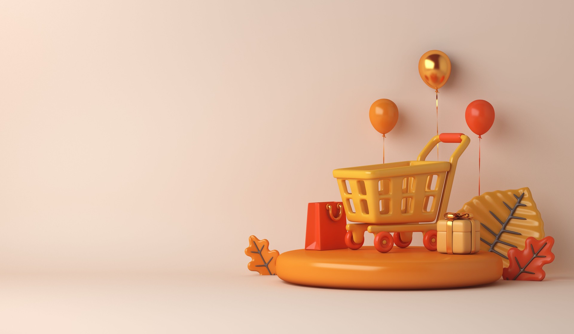 Autumn display podium decoration background with trolley cart, shopping bag, gift box, balloon copy space text, 3d rendering illustration