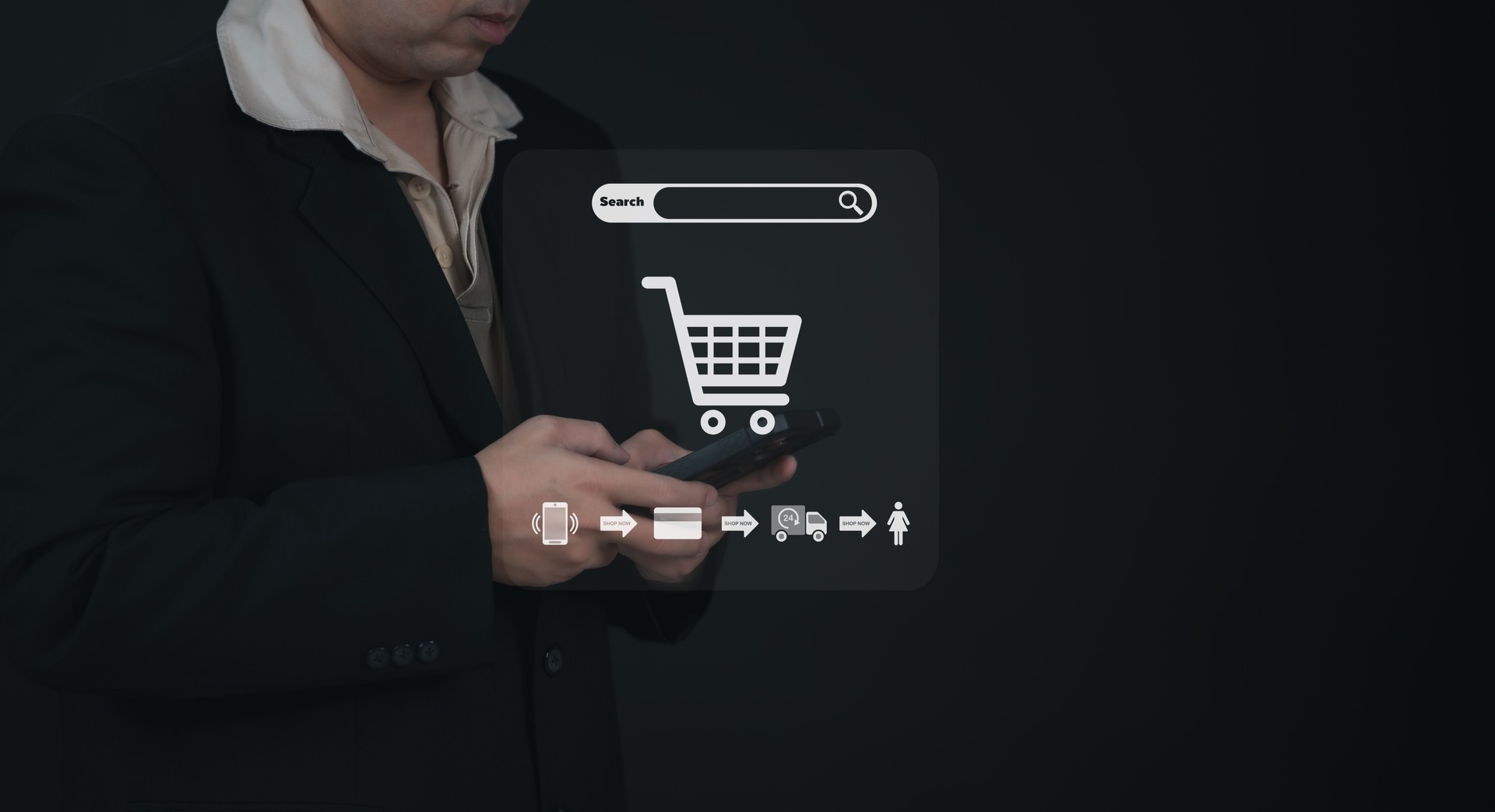 Technology online shopping or e-commerce. A businessman interacts by touching or pressing the virtual screen of online store to place orders on the website, opting for the convenience of home delivery