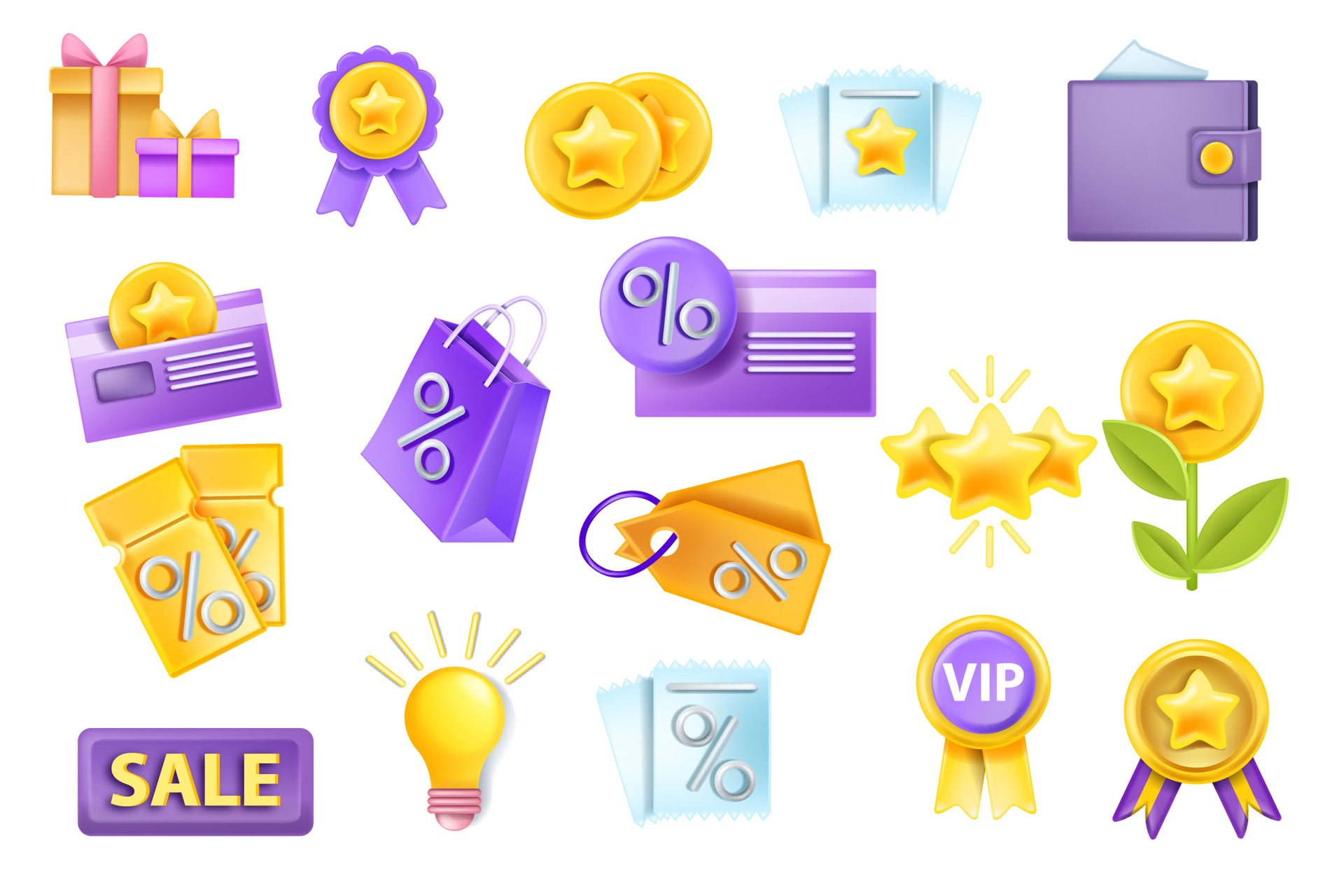 3D sale vector icon set, discount coupon voucher, bank card, wallet, loyalty program bonus coin.